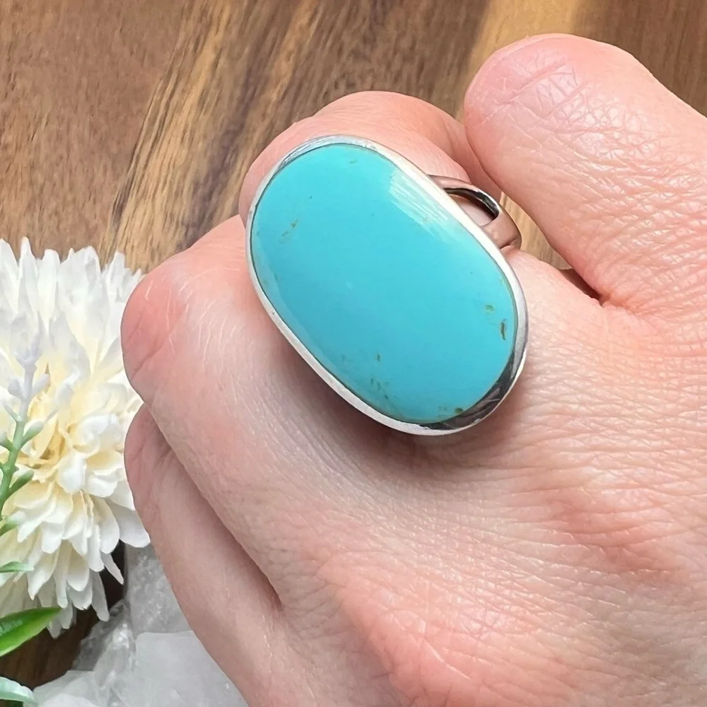 VINTAGE Turquoise Ring Size 7 Solid Sterling Silver 925 Chunky Ring - Picture 4 of 11